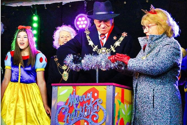 The big moment - Fylde mayor Coun Ben Aitken joins St Annes town mayor Coun Karen Harrison for the big switch-on of St Annes Christmas lights. Picture: Esther Parkinson.
