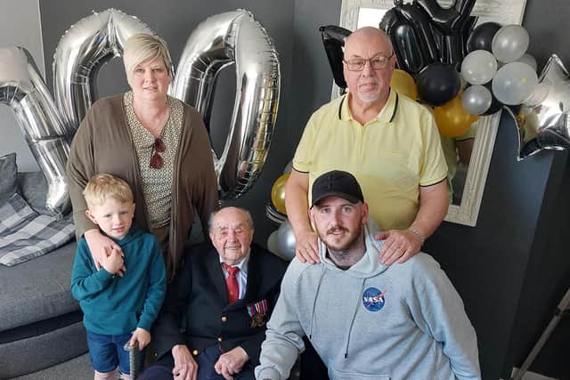 Five generations - Roy Davies (centre) celebrates his 100th birthday with son Brian Davies,  granddaughter Kerry Mecklenburgh, great grandson Sam Mecklenburgh and great great grandson Jenson Mecklenburgh