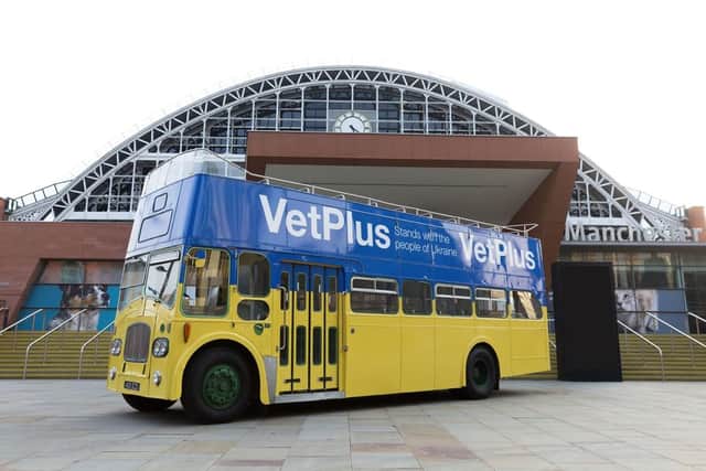 Vetplus has decorated its bus blue and yellow and is using it as a hub to raise funds to back UK Med the charity which is helping people in war-torn Ukraine