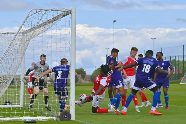 Promise Omochere scores Fleetwood Town's winner from close range against FC Halifax Town Picture: ADAM GEE