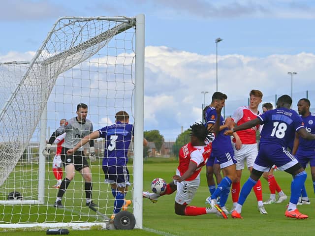 Promise Omochere scores Fleetwood Town's winner from close range against FC Halifax Town Picture: ADAM GEE