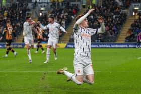 Carey celebrates after giving Blackpool the lead against Hull on Boxing Day