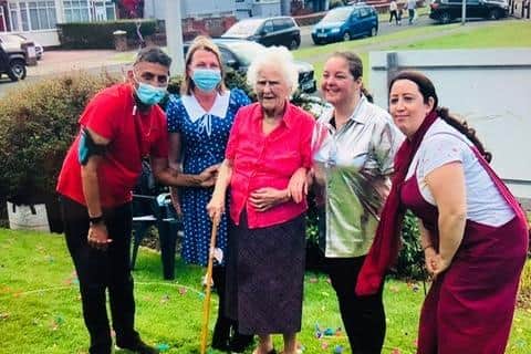 Double celebration as the Glen Tanar Care Home in Bispham celebrates a 101st birthday and the Queen's jubilee. From left, activities worker Dilip Parmar, care home manager Helen Edington, Mollie Whiteley and Bispham Castaways Susan Hope and Hayley Price.