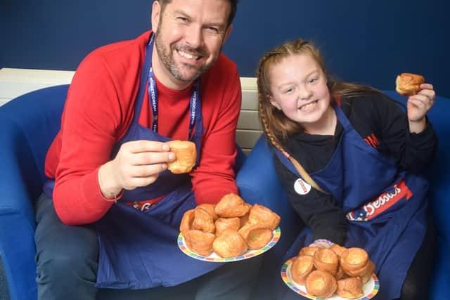 Yorkshire Pudding Day at Flakefleet Primary School. Pictured is headteacher Dave McPartlin with deputy head girl Skye Taylor.