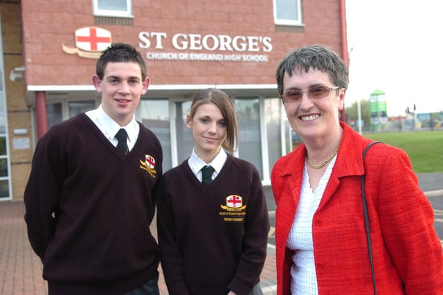 Head Boy Kieran Bedford (16) and Head Girl Hayley Gouhar (16) with former Head Girl Eileen Morris (right). Eileen was the first ever Head Girl at the school which was celebrating its 50th anniversary in 2007