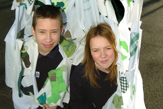 Park School Eco Day. Art Teacher Norma Foulds and pupils holding the Eco blanket they have been making. Pictured are (back) Louie Barnes (12) with Rebecca Hayes (15) and Keiran Lyall (13)