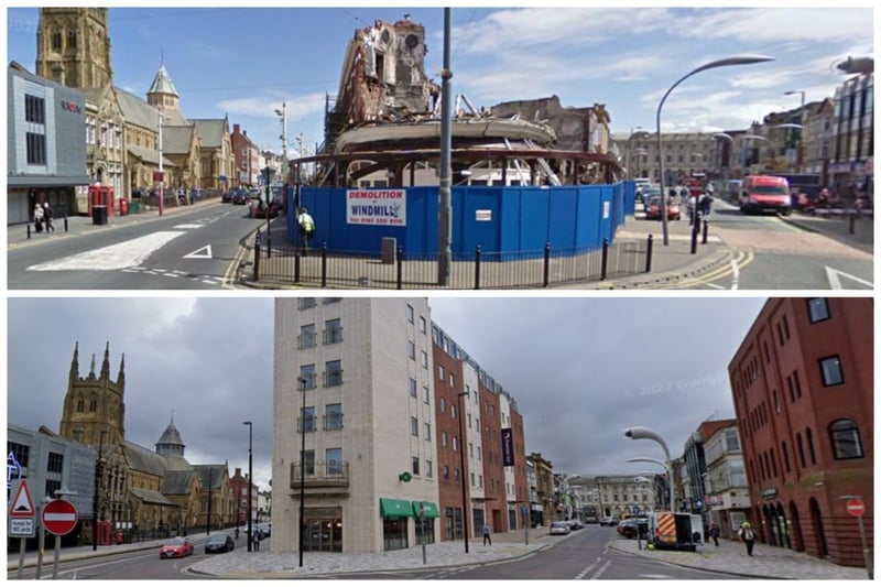 The top picture shows a crumbled Yates's Wine Lodge in 2009 and the second photo shows the smart new Premier Inn facing Talbot Square