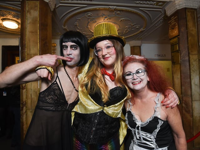 Theatre goers dress up for The Rocky Horror Show at the Grand Theatre. Benn Foster, Mills Ansell-Jackson and Louise Jackson.