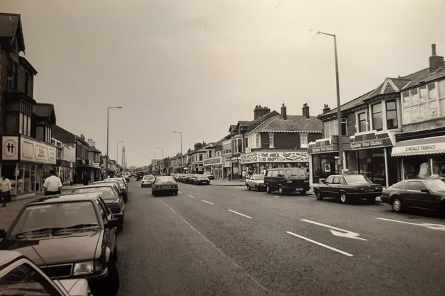 Lytham Road in 1990. Lyndale Fabrics, Kentucky Fried Chicken (as it was then) The Price is Right and Blackpool Tower in the distance