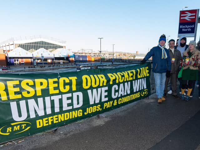 RMT members picket outside Blackpool North station. Photo: Kelvin Stuttard