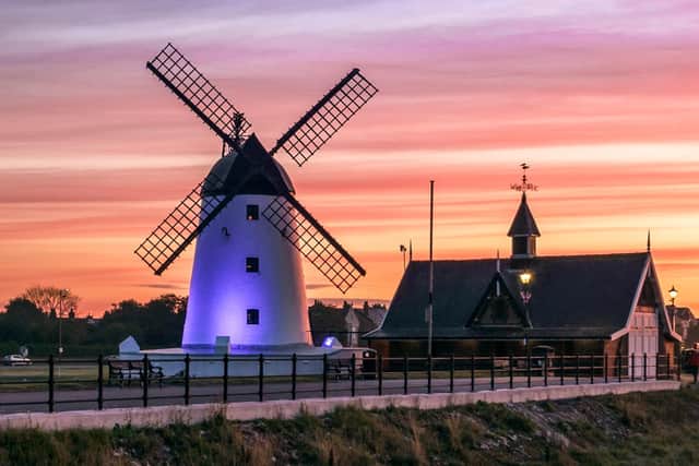 Lytham Windmill was lit purple following the death of The Queen. Picture: Gregg Wolstenholme.