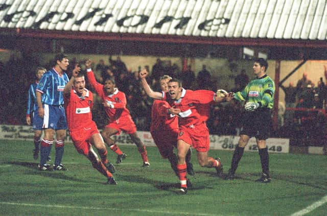 Ian Lawson celebrating his goal against Chesterfield in 1998