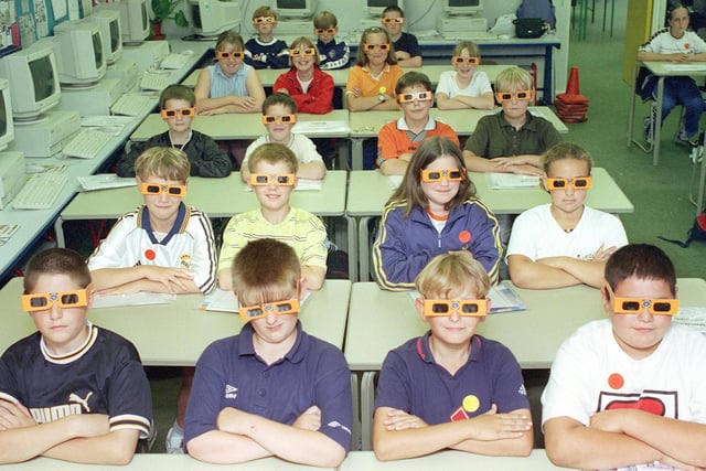 Pupils ready to watch the solar eclipse through their eclipse viewers in August 1999. They were at school as part of a summer scheme