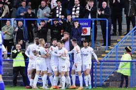 Fylde celebrate their second early goal at Curzon Ashton, scored by Luke Conlan Picture: STEVE MCLELLAN
