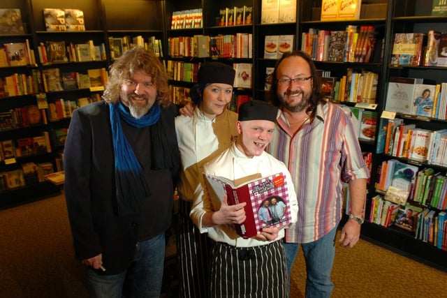 The Hairy Bikers with Preston College catering students Megan Ditchfield and Tim Rhodes at the book signing