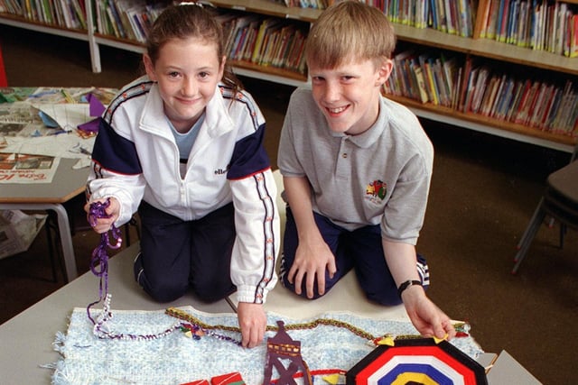Gina Houston and Andrew Keane at Waterloo Primary School put the finishing touches to a tapestry for the Millenium Dome, 1999