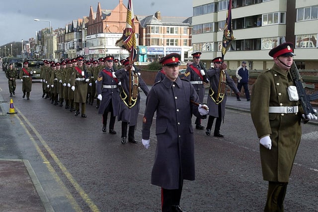 Queens Lancashire regiment march through St Annes for Trooping of the Colour