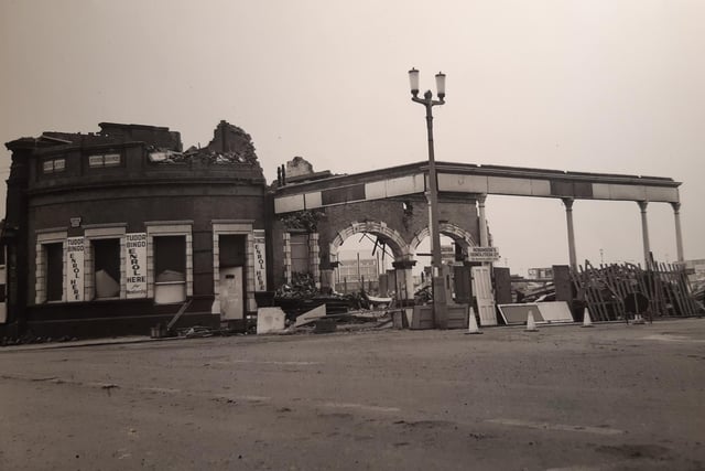The two arches and the canopy entrance were all that remained of the station buildings in this photo from 1974