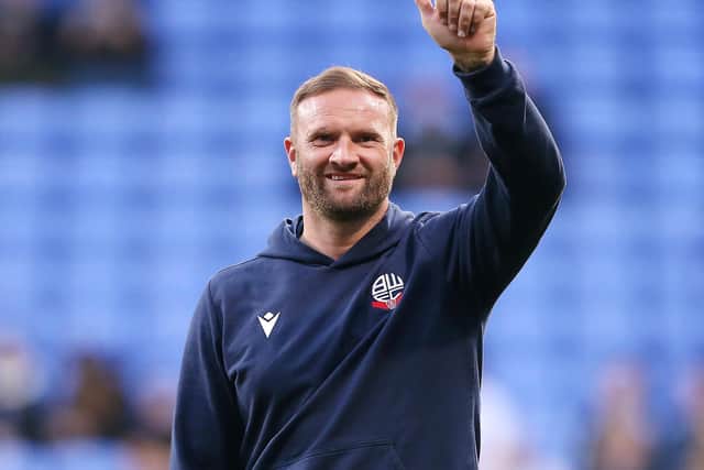 BOLTON, ENGLAND - SEPTEMBER 06: Ian Evatt, Manager of Bolton Wanderers reacts prior to the Sky Bet League One match between Bolton Wanderers and Burton Albion at University of Bolton Stadium on September 06, 2021 in Bolton, England. (Photo by Charlotte Tattersall/Getty Images)