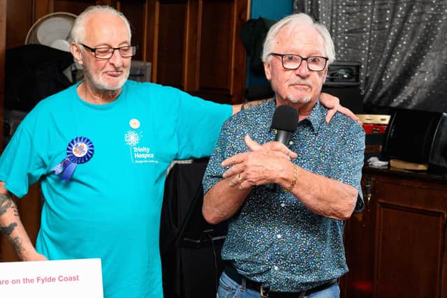 Landlord of the Steamer pub in Fleetwood Syd Little gives a speech where a karaoke group, which runs sessions on Tuesdays and Fridays, with a bucket collection, has raised an impressive £5,000 for Trinity Hospice. Photo: Kelvin Stuttard