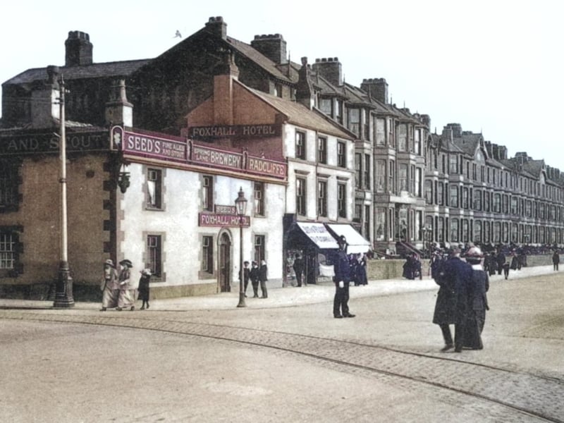 Foxhall, Waverley and Tyldesley Terrace, Blackpool. The colour app has picked out the red facade of Foxall