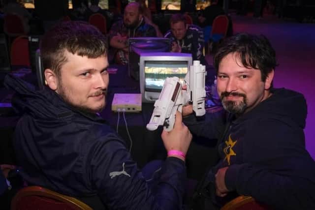 Ben Sperry and John Burt at the 2021 games expo at the Norbreck Castle Hotel.