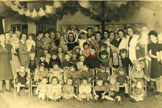 Children's Christmas party at a nursery on the corner of Devonshire Road and Caunce Street. The children with rings round theuir faces are William Kershaw, his brother Norman is next to him and their mother Irene is at the heart of the photograph wearing round glasses