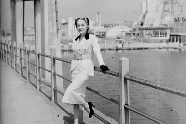 Marlene Dietrich at Blackpool Pleasure Beach prior to her performance at Blackpool Opera House in 1955