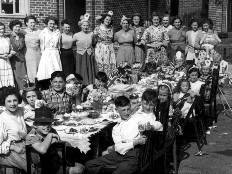 1953 Coronation Day Street Party In Lorne Road, Bispham. Mums organised the tea. Betty Basham is far left (in the pinny)