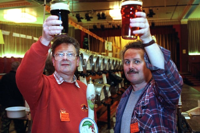 Quality control: Peter Whiteside and local Camra chairman Gary Levin (right) at Fleetwood Beer Festival in 1998