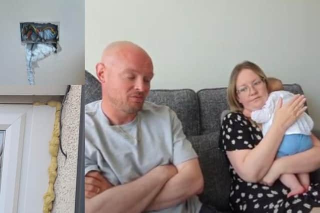 A Cleveleys couple with a young baby have been 'rinsed' of their life savings by 'cowboy builders' Craig and Graham Sawings.
Pictured: A socket hanging off the wall (top) Window installed using expanding foam (bottom)