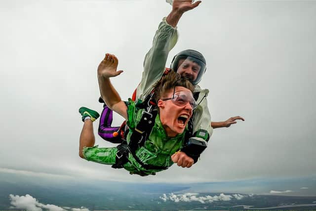Jordan during the World’s Biggest Panto’s Peter Pan Skydive. Credit: Ady Patrick