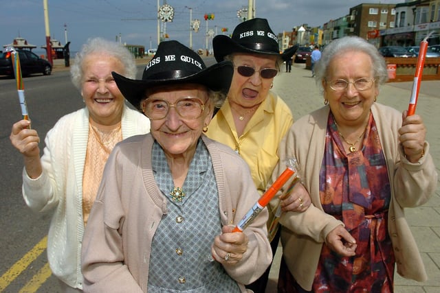 No trip to Blackpool is complete without a seaside novelty hat. These sisters - Hilda Jones, Violet Simpson, Ethel Henson and Margaret Ward - had the Blackpool holiday look down to a tee with their sticks of rock and kiss-me-quick hats when they were spotted by our photographer on the seafront.