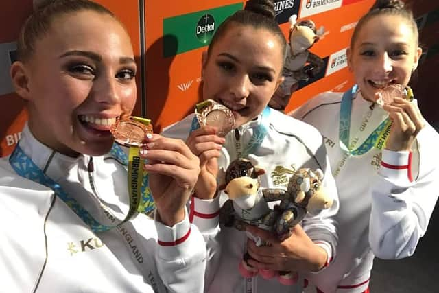 Marfa Ekimova, Saffron Severn & Alice Leaper - Team England Rhythmic Gymnasts with their bronze medals at the Commonwealth Games.