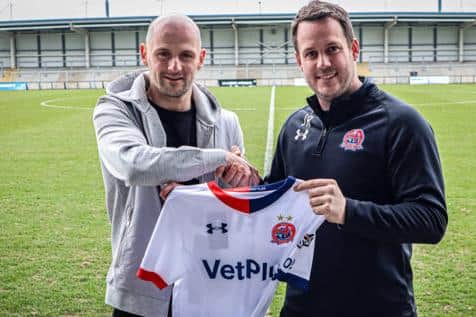 New signing Will Hatfield with AFC Fylde boss James Rowe