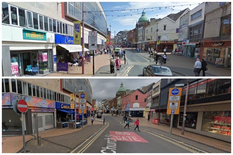 Two pictures which show Church Street in 2009 and 2022. The Grand Theatre's dome is clearly visible. A change in shops is evident, Millets has gone and is now left empty. Further along, Ann Summers has been replaced by a bargain store and BHS has gone