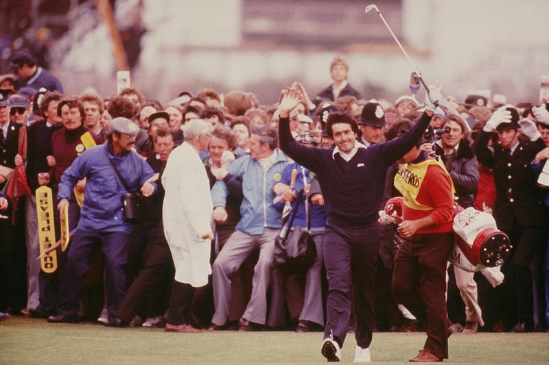 Seve Ballesteros of Spain celebrates on the 18th fairway on his way to victory in the British Open at Royal Lytham St Annes