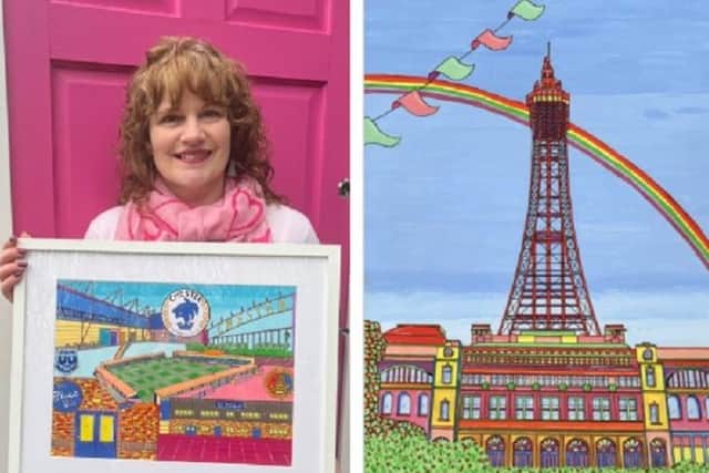 Julie Littler and some of her art, including Blackpool Tower