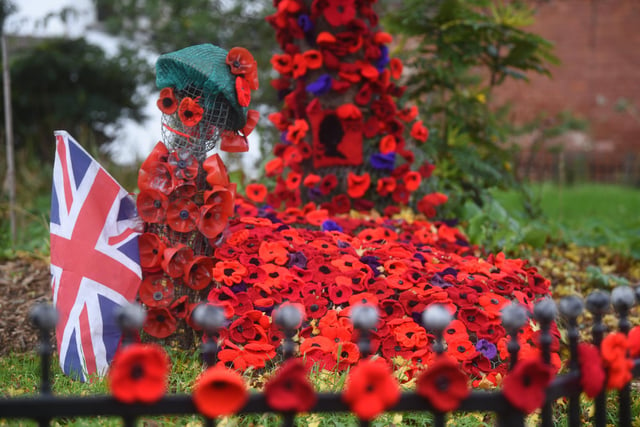 Remembrance service at the knitted poppies on Newcastle Avenue