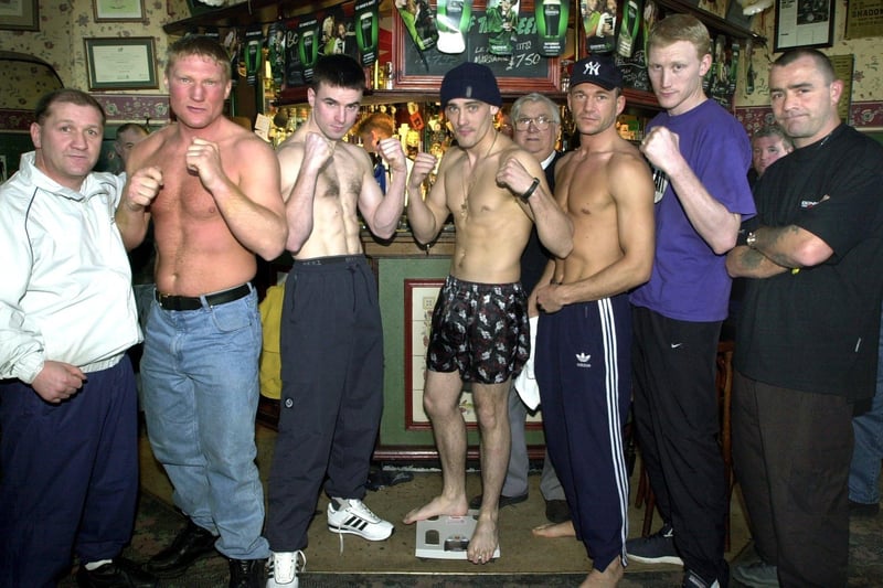 Boxers who fought at a match held at Blackpool Tower in 2001, were officially weighed in at the Wheatsheaf pub. Pic L-R: Manager Louis Veitch, Paul Richardson, Alan Campbell, Elias Boswell, Chief Inspector for British Boxing Board John Hall, Andy Abrol, Lee Blundell and trainer Ted Mahaffey