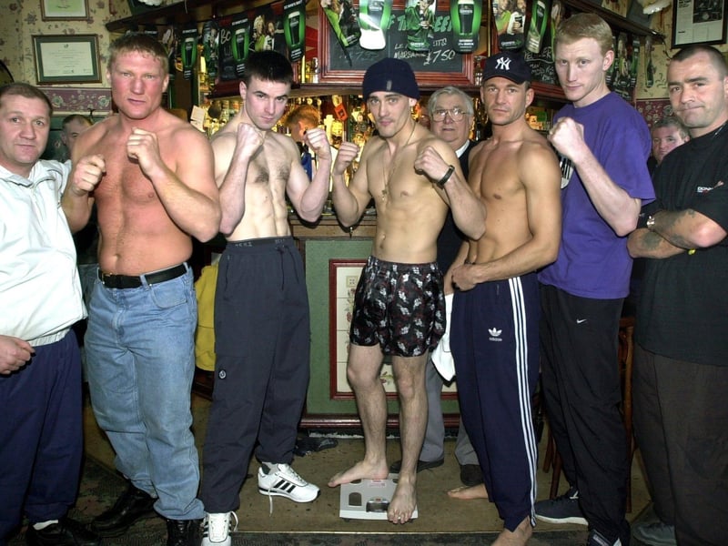 Boxers who fought at a match held at Blackpool Tower in 2001, were officially weighed in at the Wheatsheaf pub. Pic L-R: Manager Louis Veitch, Paul Richardson, Alan Campbell, Elias Boswell, Chief Inspector for British Boxing Board John Hall, Andy Abrol, Lee Blundell and trainer Ted Mahaffey