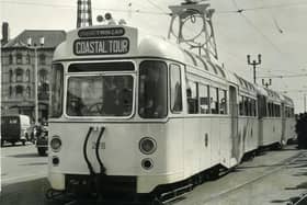 Trailer Tram Coastal Tour. The 'Progress' twin tram car 276 at the start of it's first official run to Fleetwood in April 1958 with Blackpool Mayor Ald. H Grimbleston,  at the controls.