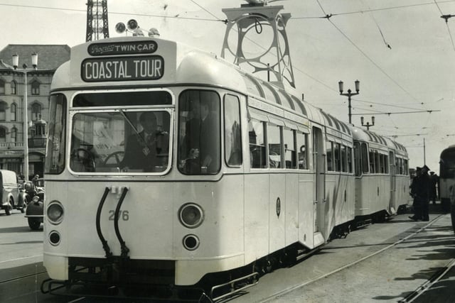 Trailer Tram Coastal Tour. The 'Progress' twin tram car 276 at the start of it's first official run to Fleetwood in April 1958 with Blackpool Mayor Ald. H Grimbleston,  at the controls.