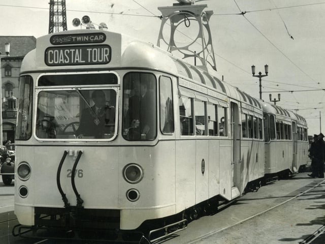 Trailer Tram Coastal Tour. The 'Progress' twin tram car 276 at the start of it's first official run to Fleetwood in April 1958 with Blackpool Mayor Ald. H Grimbleston, at the controls.