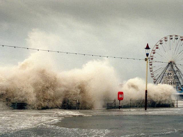 A combination of hide tide and gale force winds caused Blackpool promenade to be closed in this dramatic scene from 1998