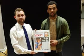 Blackpool FC writer Matt Scrafton pictured presenting The Gazette's player of the season award to Curtis Tilt in 2018