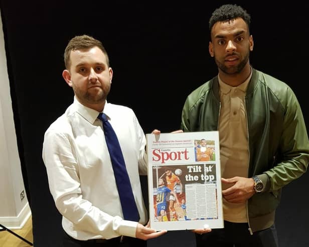 Blackpool FC writer Matt Scrafton pictured presenting The Gazette's player of the season award to Curtis Tilt in 2018