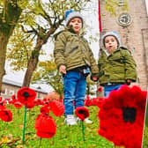 Adorable photo of two boys in a field of knitted poppies. Credit: Dave Nelson