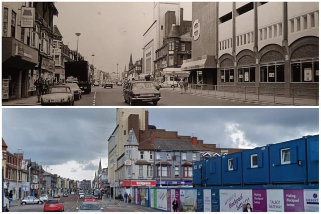 The Odeon Cinema and supermarket Fine Fare in 1985 compared to today's scene which is in the middle of enormous alterations as part of the Talbot Gateway development. The Odeon, which is now Funny Girls, remains of course