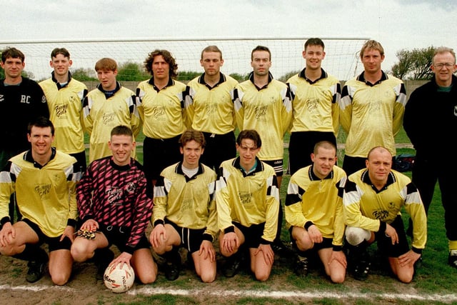 Sunday League football, featuring Division One Cup Final between Clifton Rangers (yellow shirts) and Broadway Hotel, at Squires Gate FC.
Pic shows Clifton Rangers team. Front L-R: Chris Lea, David Stone, Kevin Waller, Danny Slater, Stuart McPhee and Tony Barlow. Back: Rob Coleman, Martin Stone, High and Dougie Wilson, Alan Greave, Paul Melling, Scott McPhee, Mark Young and Peter Oldendorp (Man.).